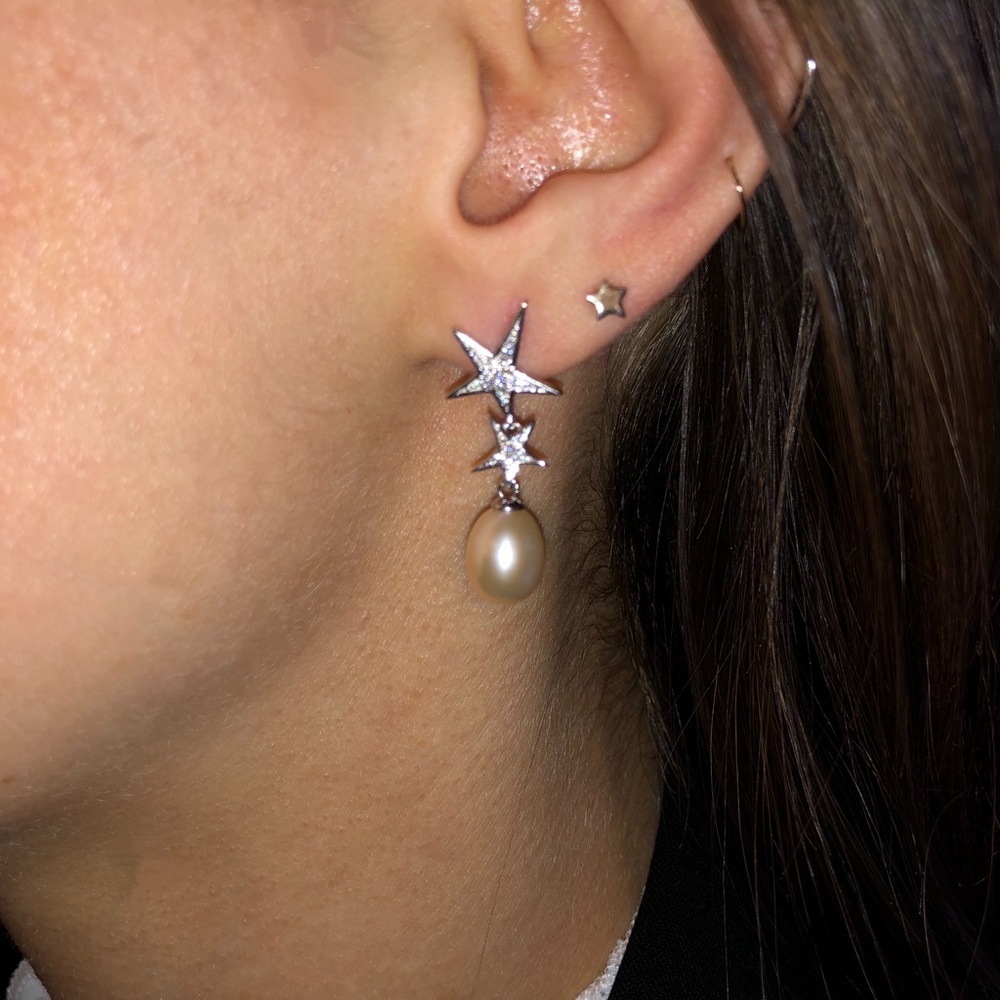 Sterling Silver Pearl Mermaid-Core Mermaidcore Celestial Star Boho Earrings